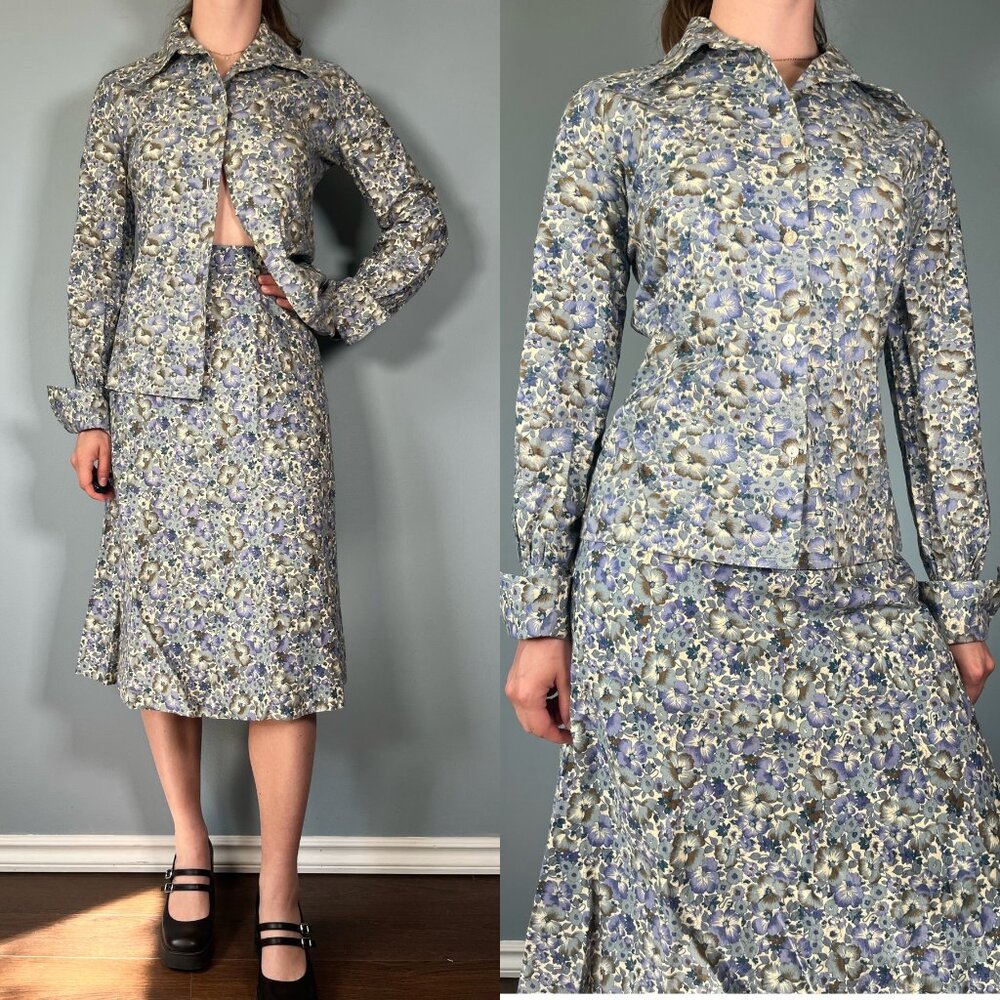 Vintage 70s Skirt Suit, 1970s Blue Tan Floral Button Up Skirt Blouse Set
